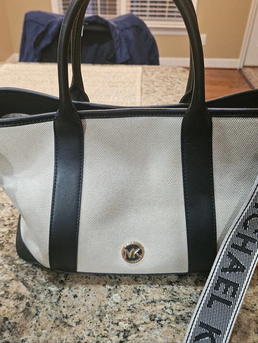 Michael Kors Beige Canvas Tote with Black Trim and MK Logo